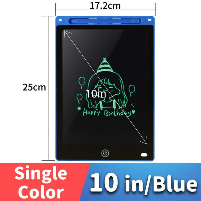 LCD drawing tablet with plastic stylus on colour screen showing child's drawing