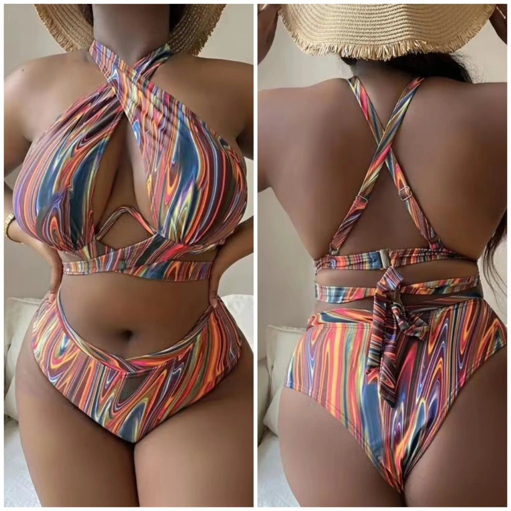 Women's plus size high-waist floral bikini swimsuit in picture colour