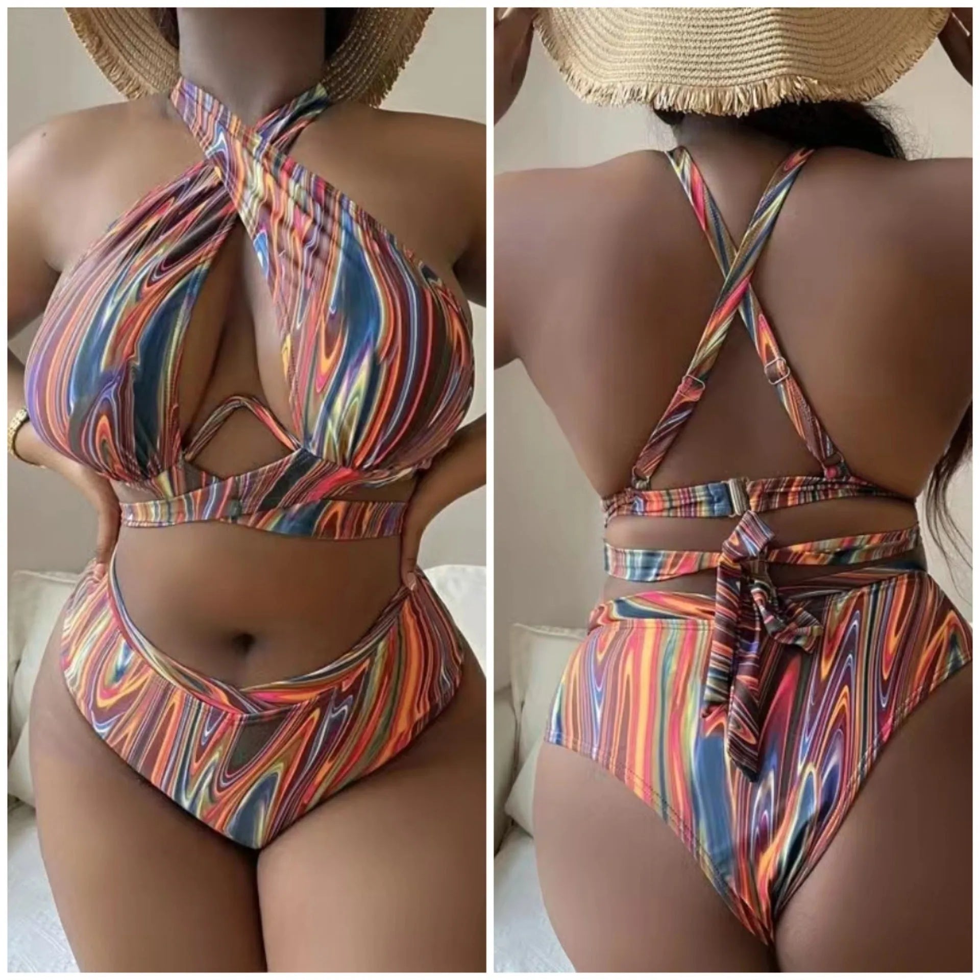Women's plus size high-waist floral bikini swimsuit in picture colour