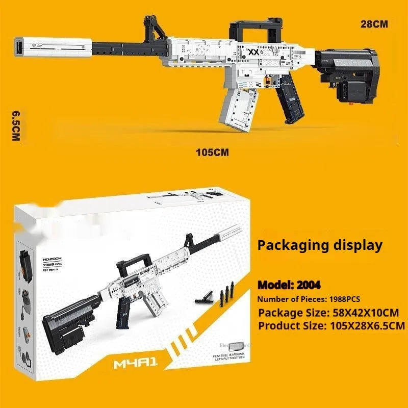 Colour box of plastic building blocks for a removable M4A1-style toy gun with battery power supply