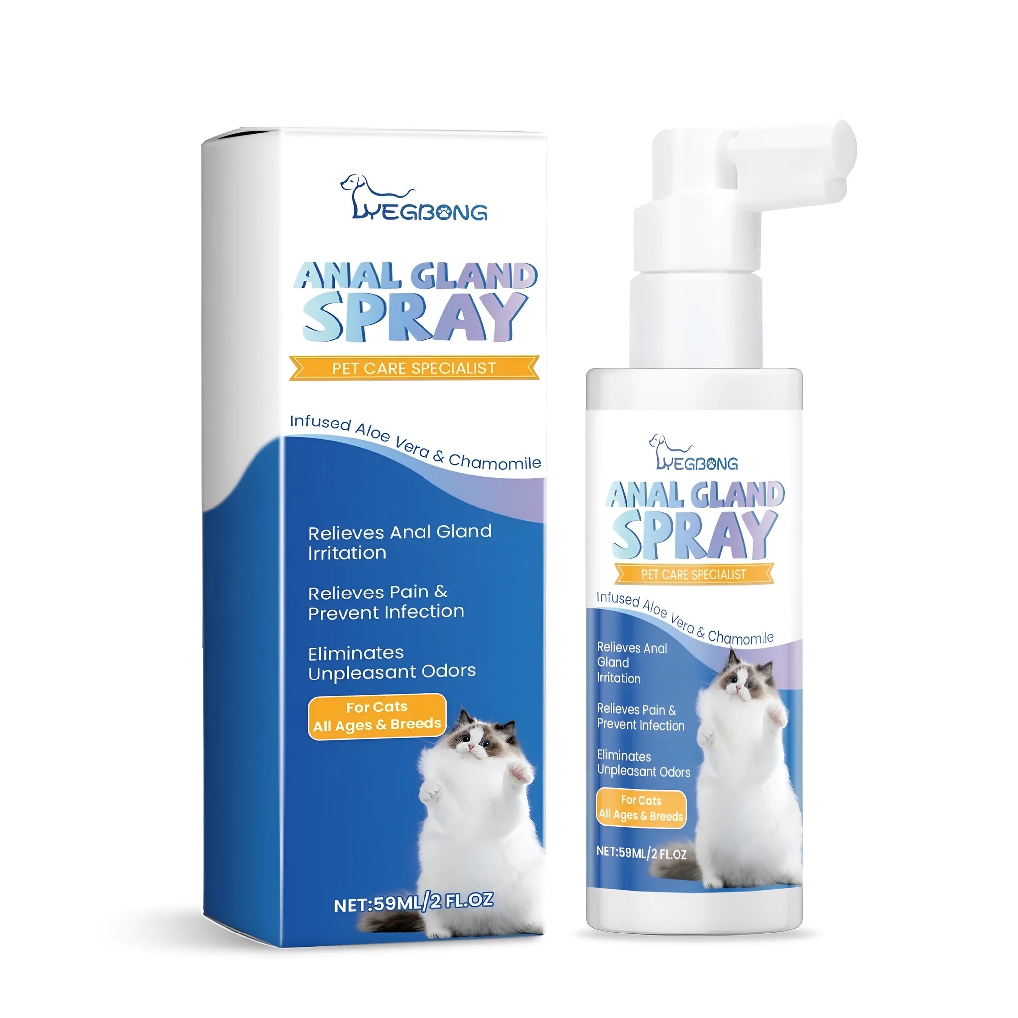 59ml plastic spray bottle of cat odour neutraliser, 3.8cm wide by 12.7cm tall.