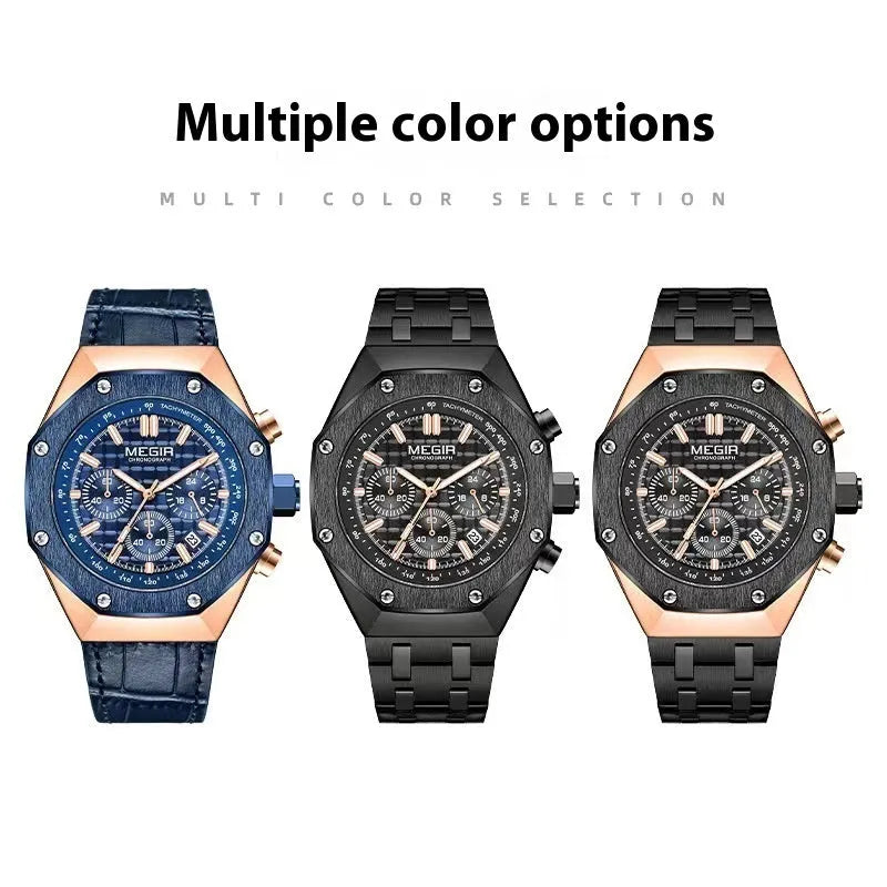 Men's waterproof quartz watch with steel belt in three colour options showing 13mm thickness