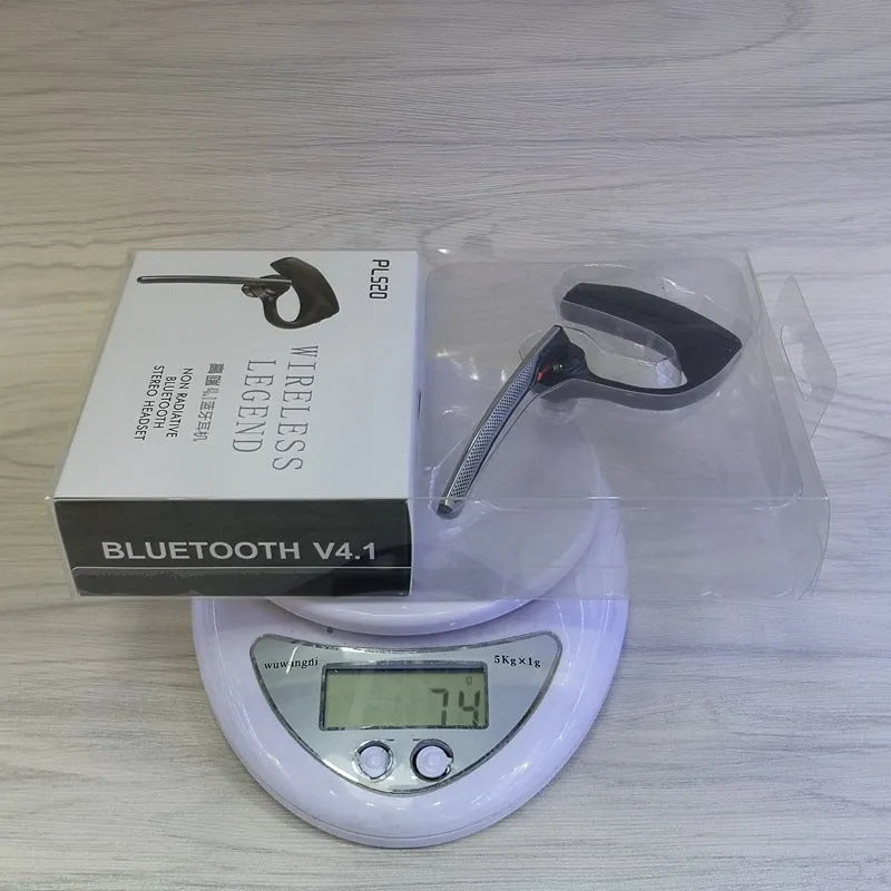Black plastic Bluetooth sports headphones with a large battery, shown with a USB cable.