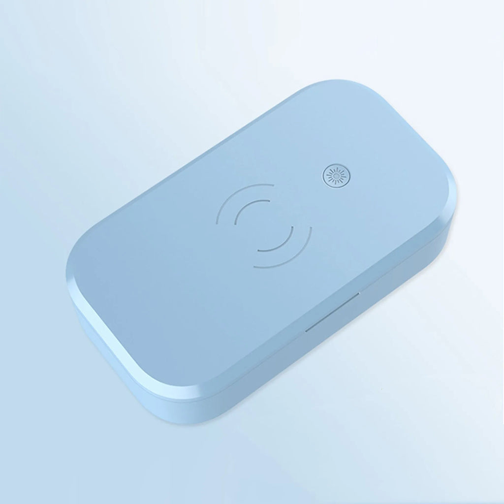 UV disinfection box with wireless charging surface in ivory white colour for sanitising beauty tools and phones