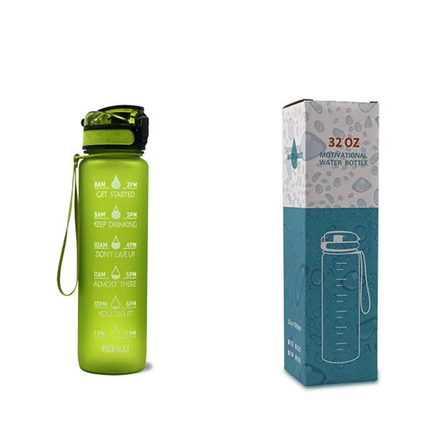 Blue and red gradient 1 litre Tritan sports water bottle with time markers and flip-top lid