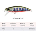 Hard minnow fishing lure measuring 48mm in length, shown in one of 14 available colours.