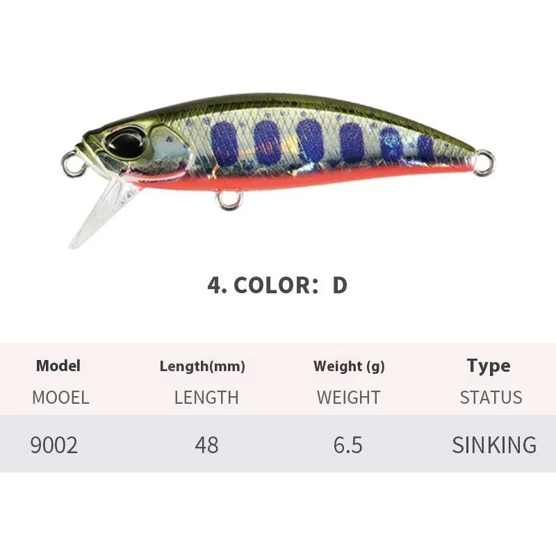 Hard minnow fishing lure measuring 48mm in length, shown in one of 14 available colours.