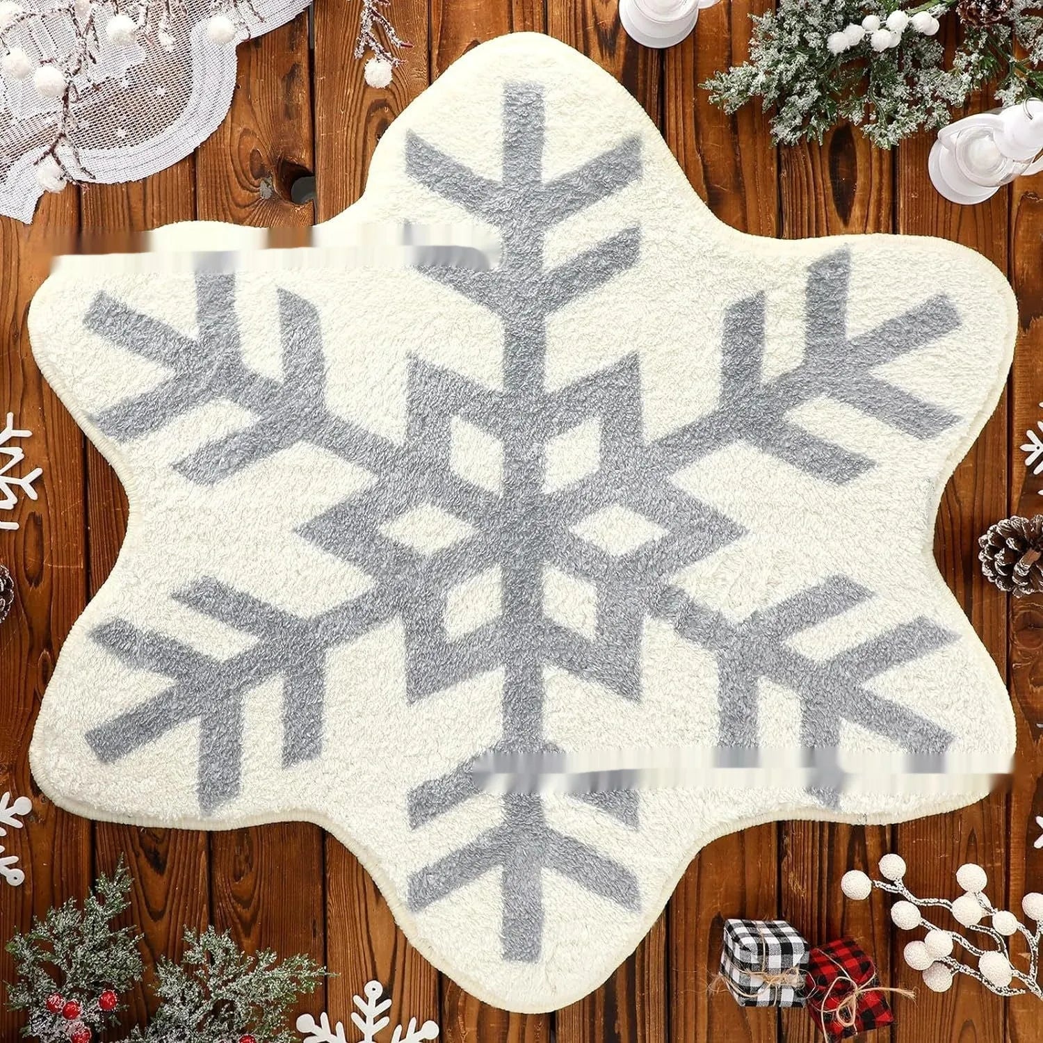 Christmas-themed round polyester carpet with festive printed design, shown in two size options.