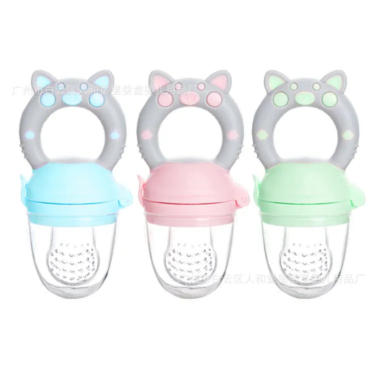 Silicone baby fruit and vegetable teether with handle, round shape, medium-flow nipple, sizes S M L, colour options