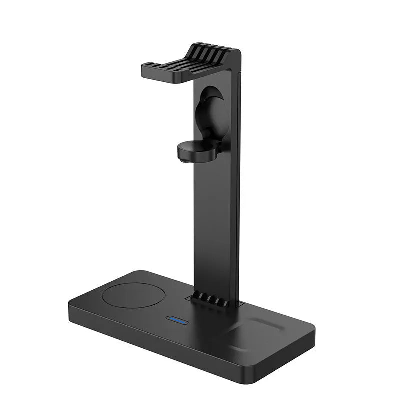 Black wireless charging station bracket for mobile phone, smartwatch, and headset.