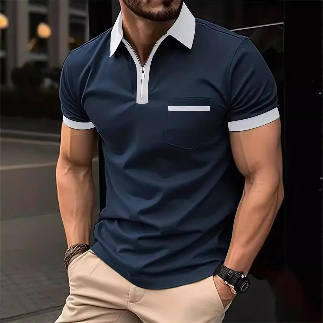 Man wearing a loose-fit short-sleeve casual shirt with a chest pocket and a zipper decoration on the front.