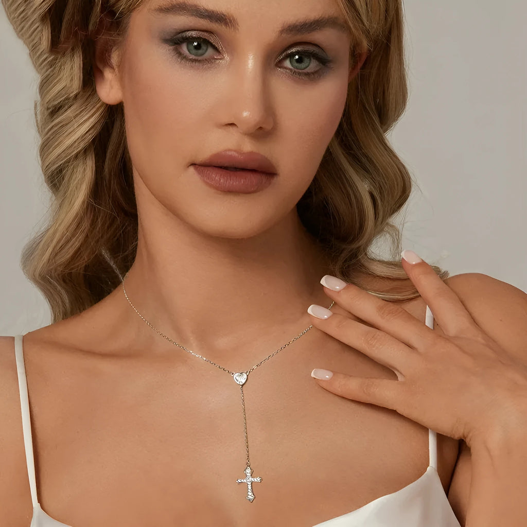 925 silver Love Cross necklace with V-neck pendant on O-ring chain in BSN384 colour for women