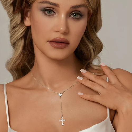 925 silver Love Cross necklace with V-neck pendant on O-ring chain in BSN384 colour for women