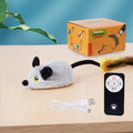 Interactive plush mouse cat toy with remote control on grey carpet