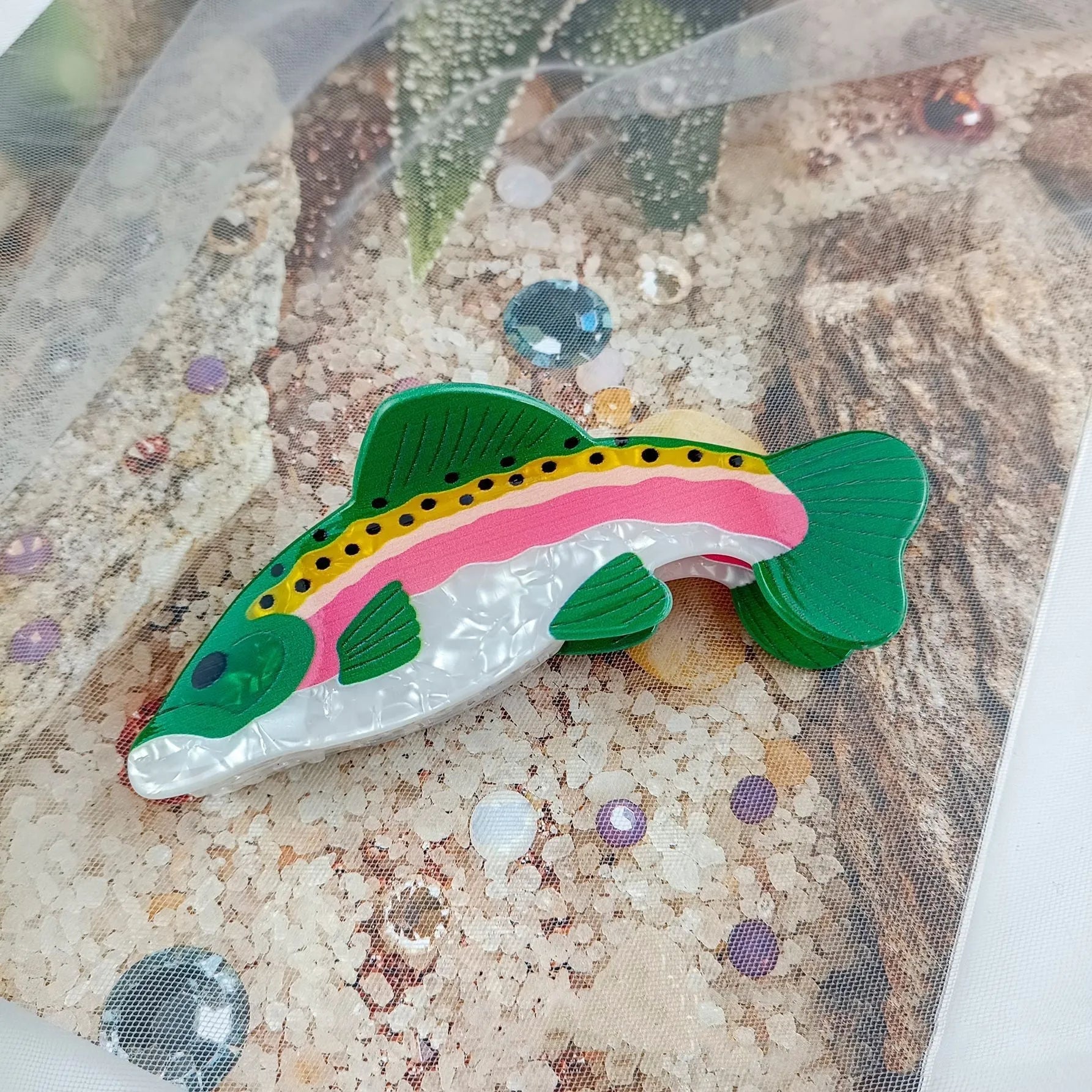 Dark green PVC hair clip with printed rainbow trout marine design and carp elements