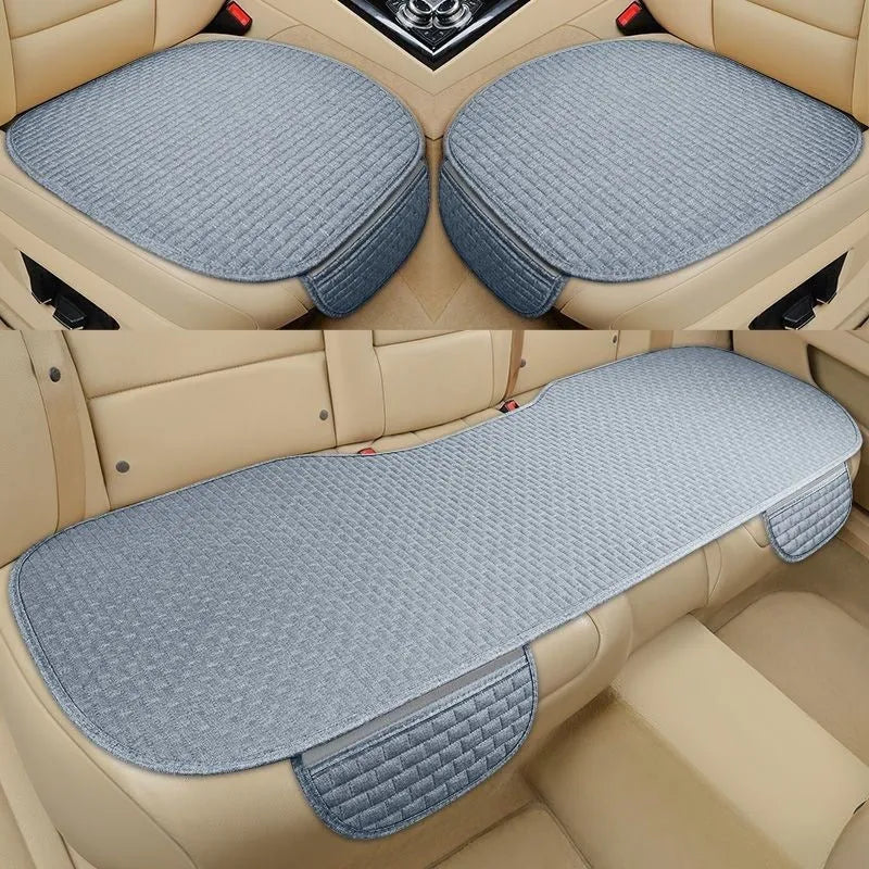Linen car seat cushion set with hemmed edge in coffee, black and red, or cream colours for four-season protection