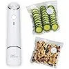 White USB electric suction pump and five clear plastic vacuum storage bags with zipper seals for food preservation.