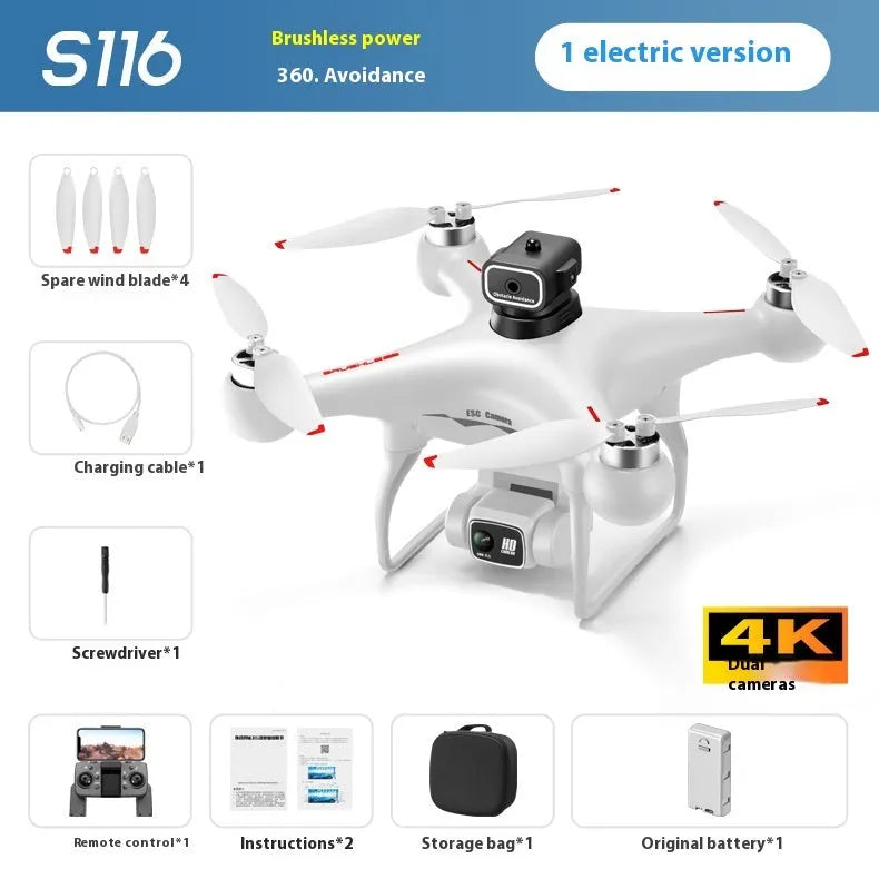 Black HD brushless motor UAV drone with four-side obstacle avoidance sensors and camera, remote control shown beside it.