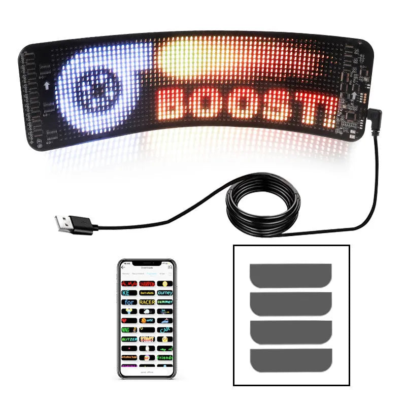 Black flexible LED screen for car rear windshield with Bluetooth control and USB power cable