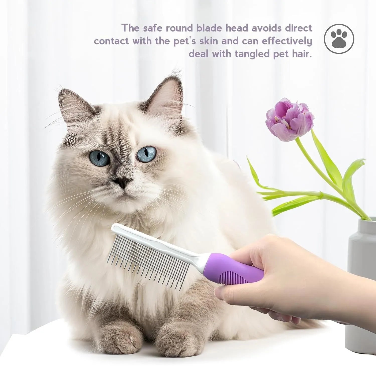 Purple pet detangling comb with stainless steel teeth for cat and dog grooming