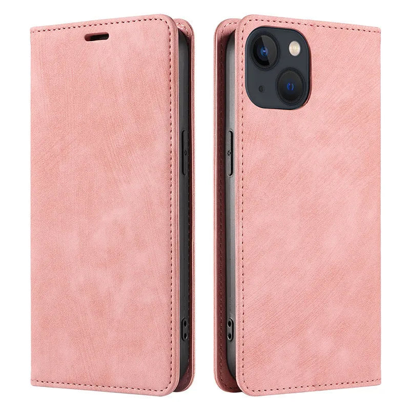 Magnetic flip leather phone case for iPhone in various colours, showing front and back views.