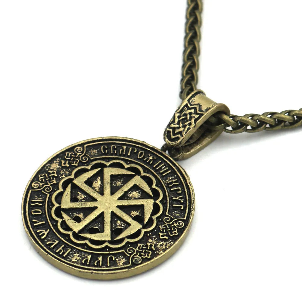 Close-up of Lunavin ODing logo pendant on an antique silver snake bones chain with leather rope alternative.