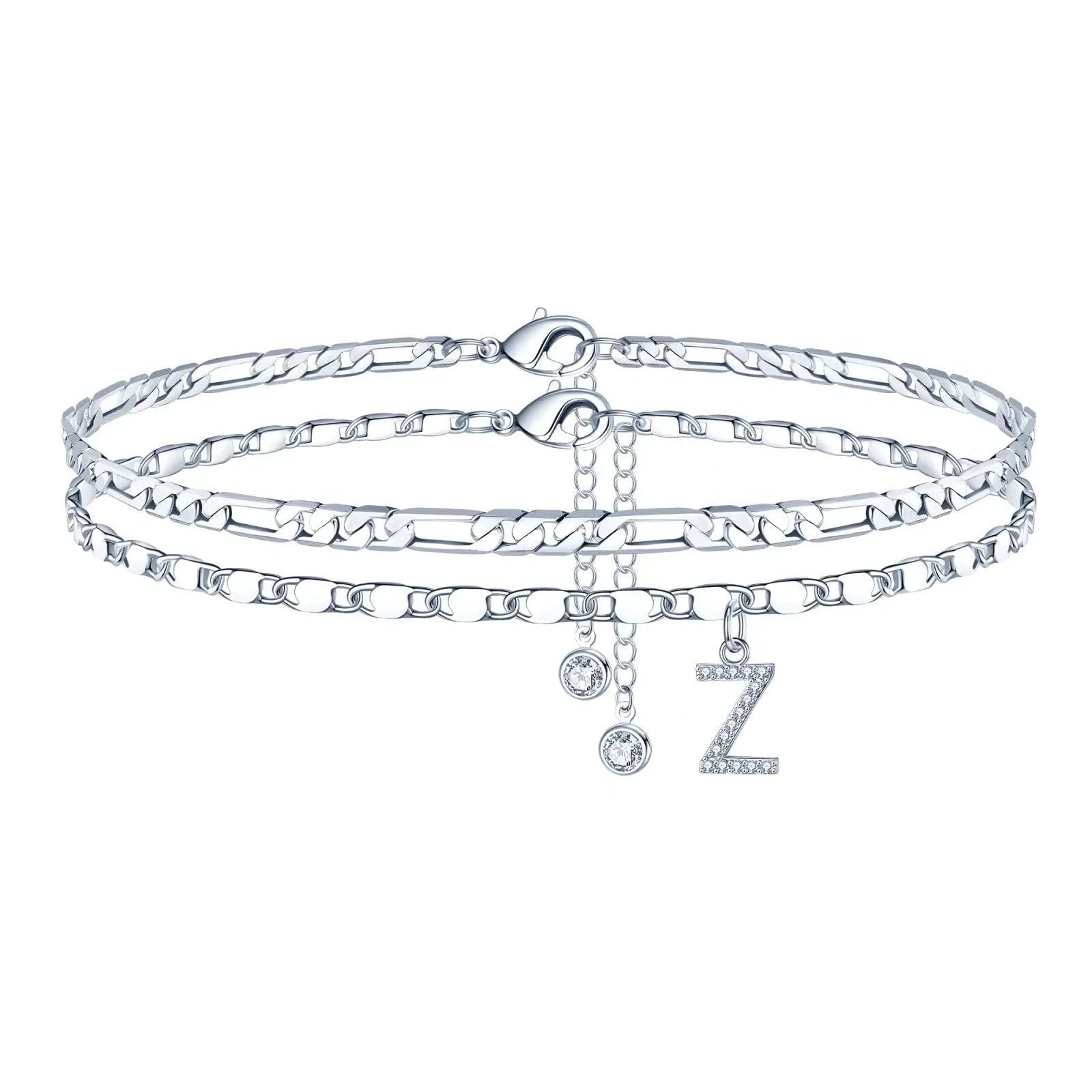 Silver-coloured copper anklet with a double-circle bead engraved with a letter.
