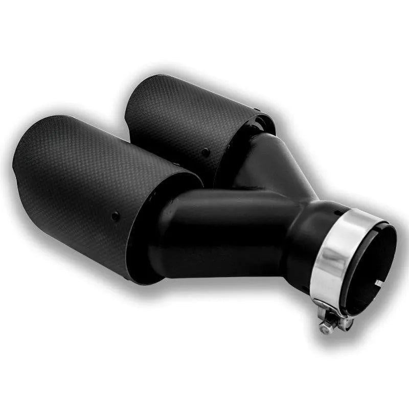 Black carbon fibre car exhaust pipe with dual outlet silencer, 250 mm long