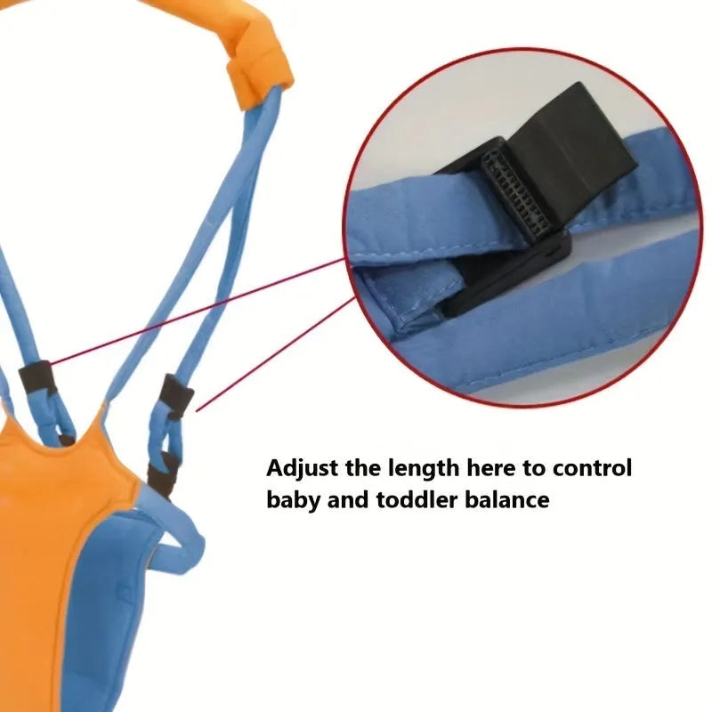 Baby toddler harness walk learning assistant in orange and blue with adjustable 52-62cm strap