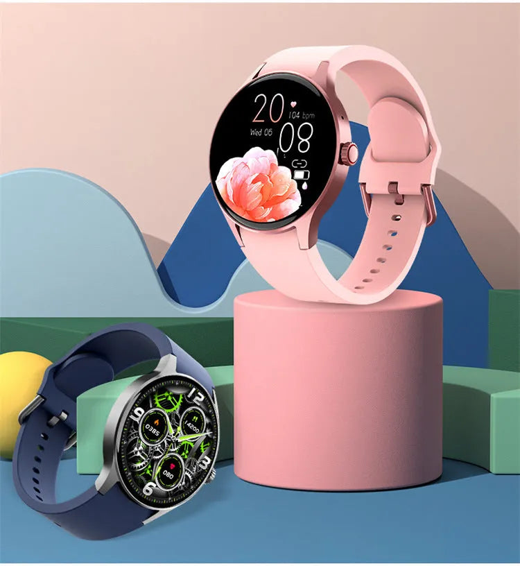 Smart Bluetooth sport watch with round display showing fitness metrics on wrist