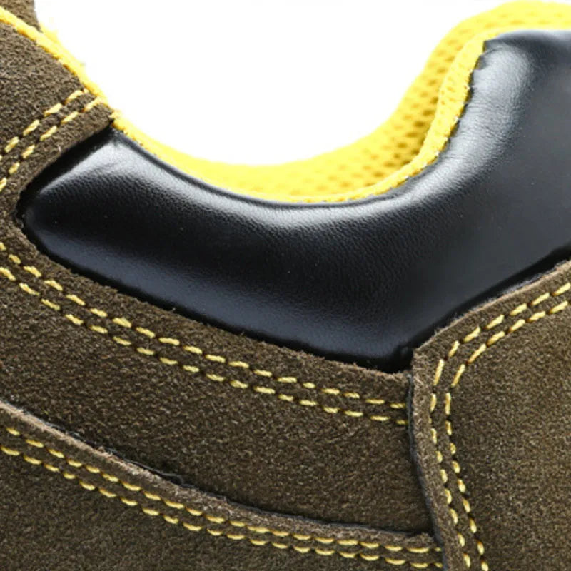 Men's brown cowhide leather safety shoes with steel toe cap and non-slip patterned soles