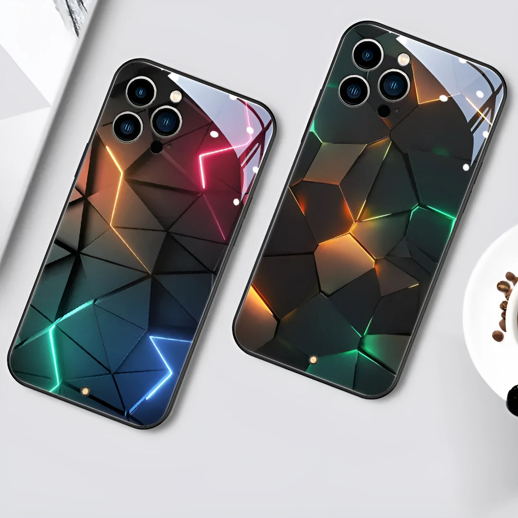 Transparent tempered glass iPhone case with a lit-up lightning diamond pattern on the back.