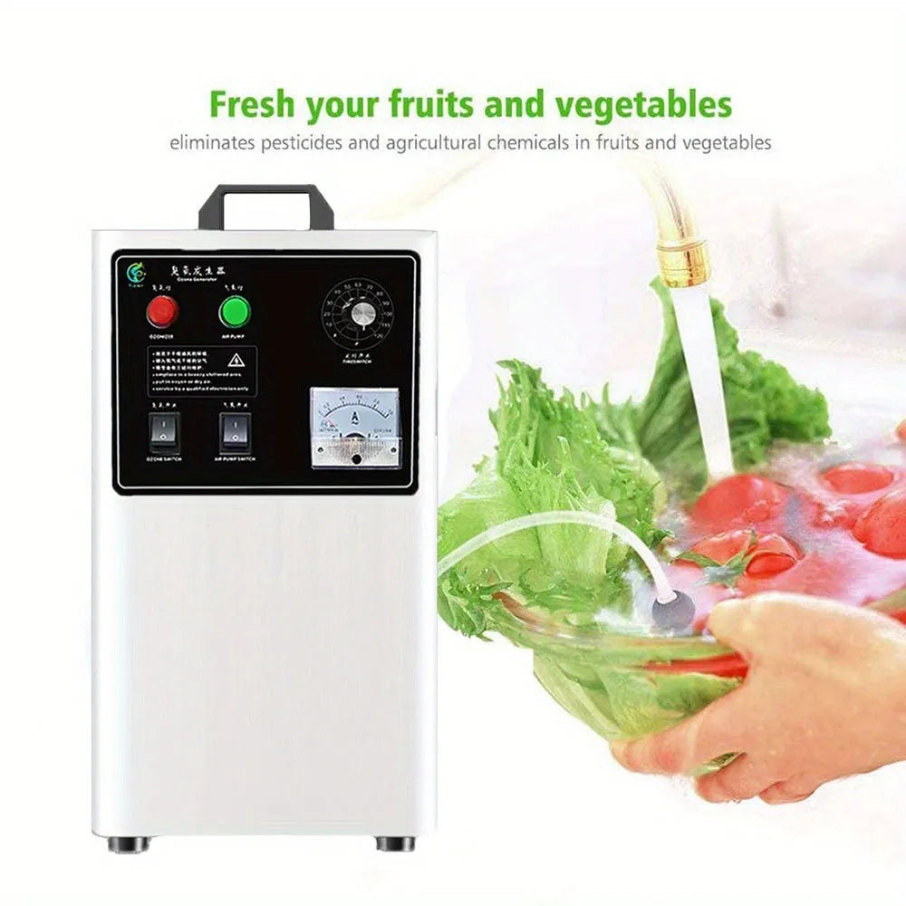 Commercial ozone generator for washing fruits and vegetables in stainless steel or white finish.