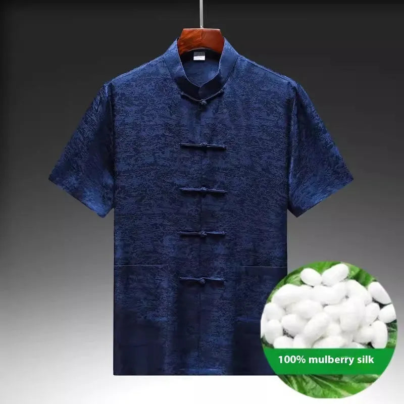 Men's Chinese style Tang suit in mulberry silk fabric available in three colours with traditional woven construction