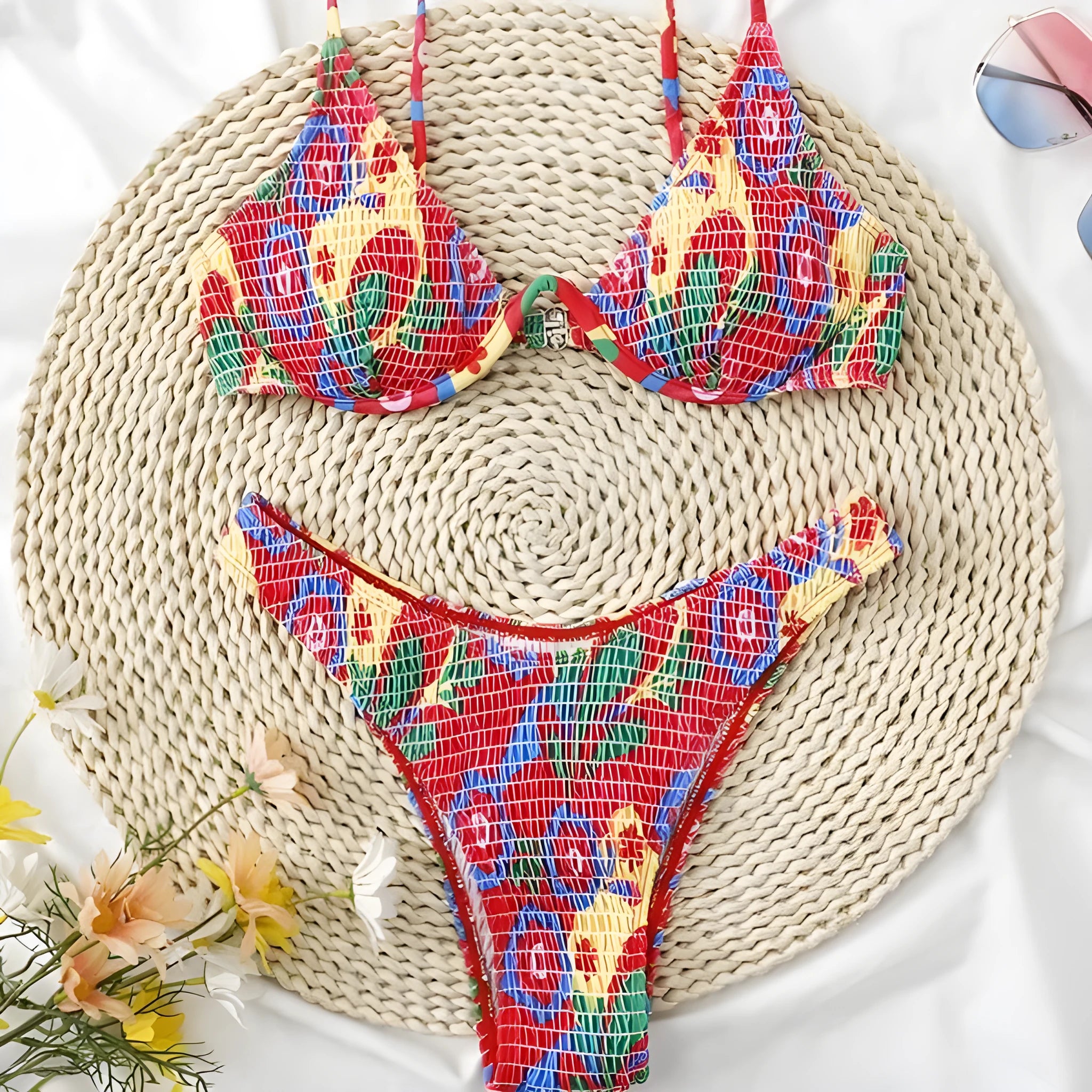 Red floral patterned women's underwire triangle bikini top and briefs set on a white background.