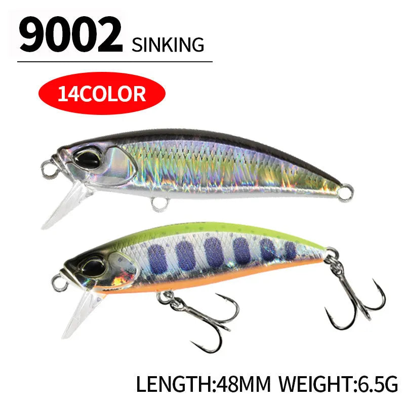 Hard minnow fishing lure measuring 48mm in length, shown in one of 14 available colours.