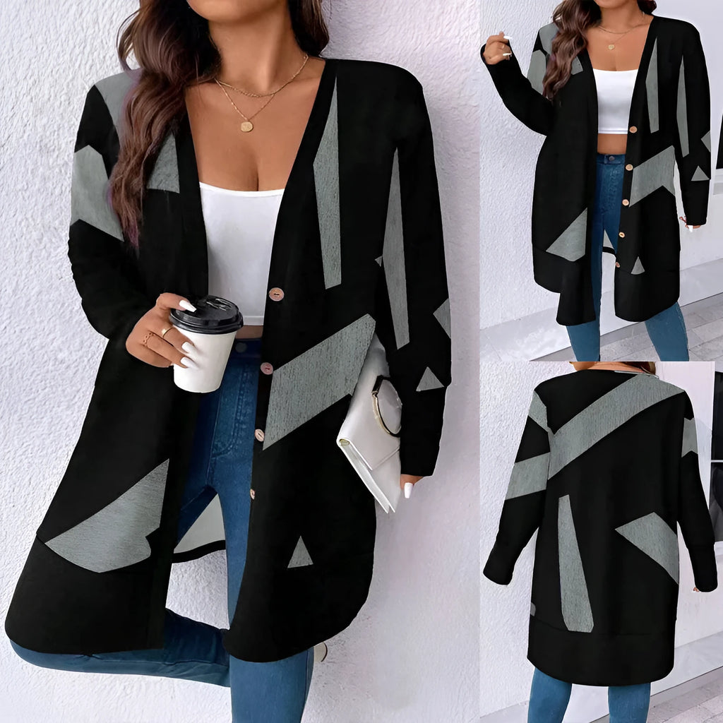 Black plus size women's casual cardigan coat with button detailing and printed stitching