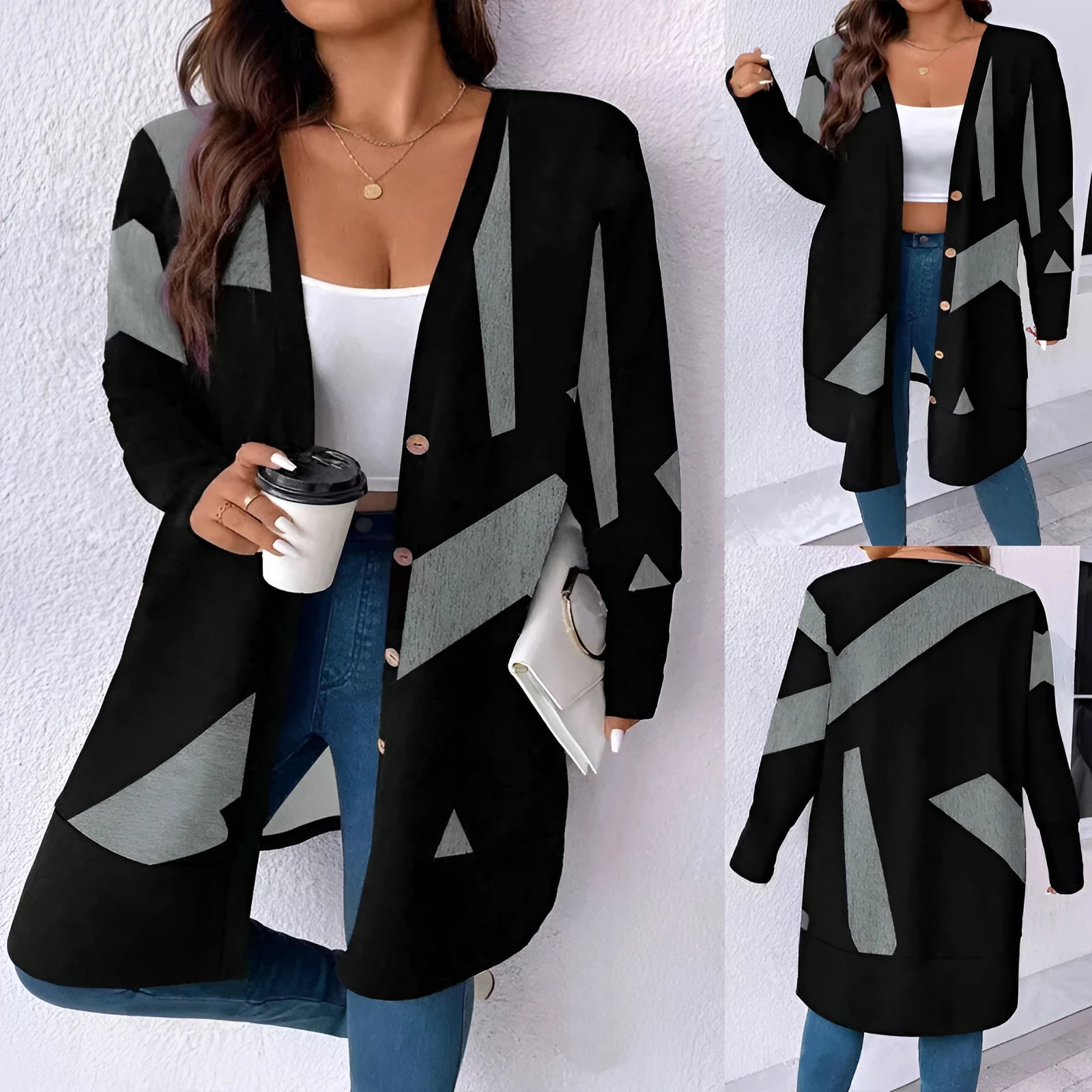 Black plus size women's casual cardigan coat with button detailing and printed stitching