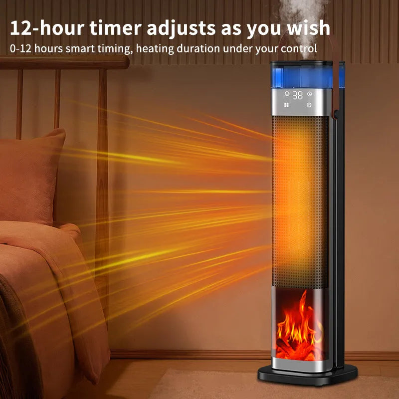 Tall white tower heater with remote control displaying humidification function and voice command capabilities