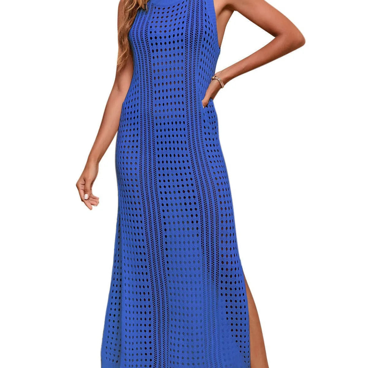 Women's long loose solid colour hollow-out knitted beach blouse with lining.