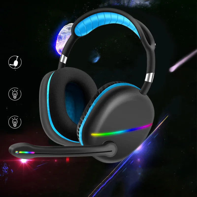 Blue wireless Bluetooth headset with glowing RGB lights on the earcups, showing over-ear design.