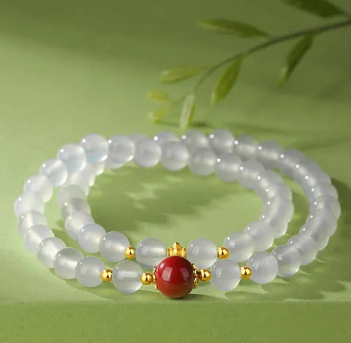 Women's double layer white agate bracelet with jequirity beans, 6mm geometry beads