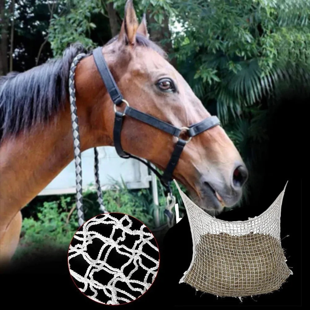 Black woven grid horse feeding bag hanging, showing its open structure and size.