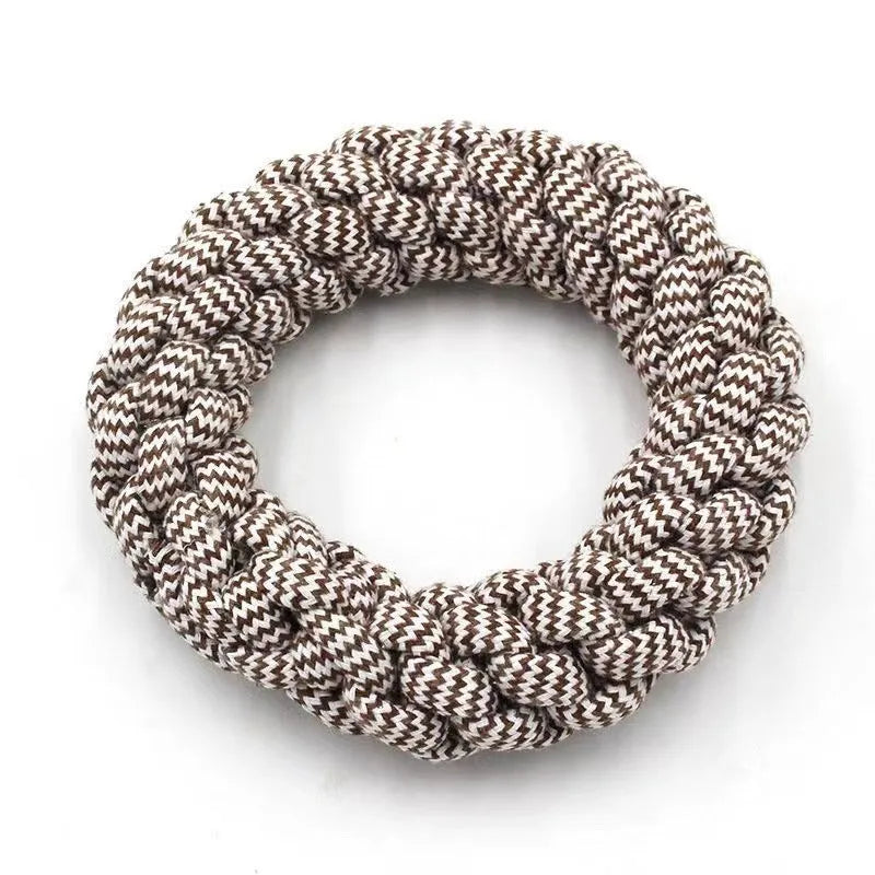 Cotton braided ring dog toy approximately 18cm in circumference with textured knot design