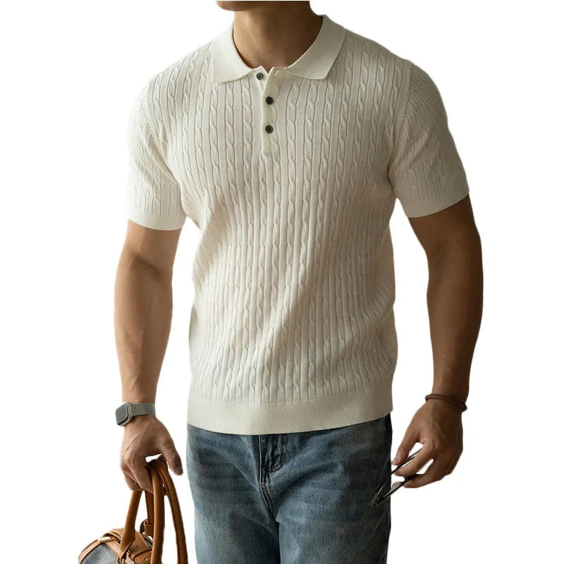 Men's khaki short sleeve business casual top laid flat, showing collar and button placket detail.