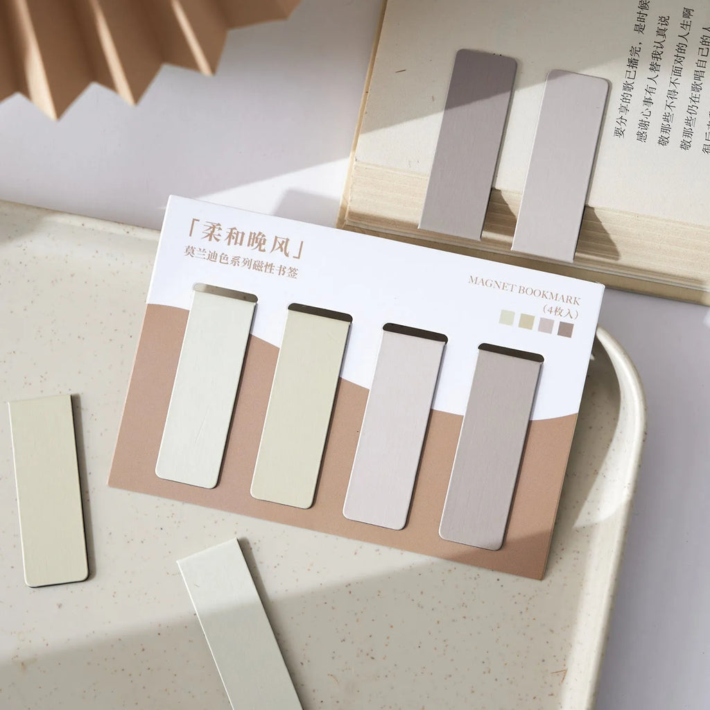 Set of four magnetic colour block bookmarks in muted Morandi pastel tones