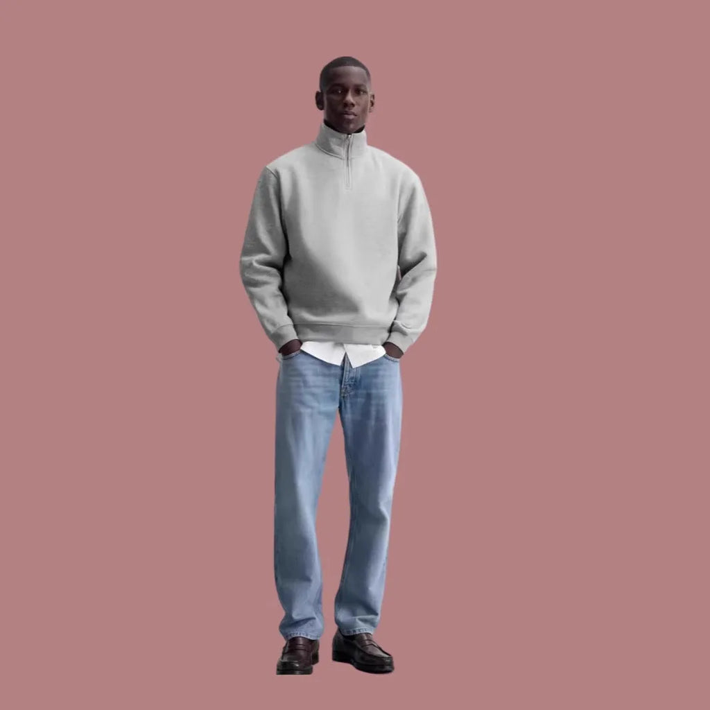 Grey half zipped stand collar cotton sweater for men and women with long sleeves and grinding texture