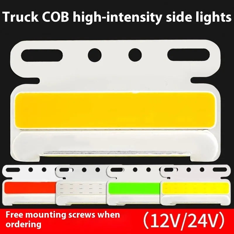 Waterproof aluminium alloy truck side light with super bright COB LED, shown in multiple colour options for 12V and 24V vehicle systems.