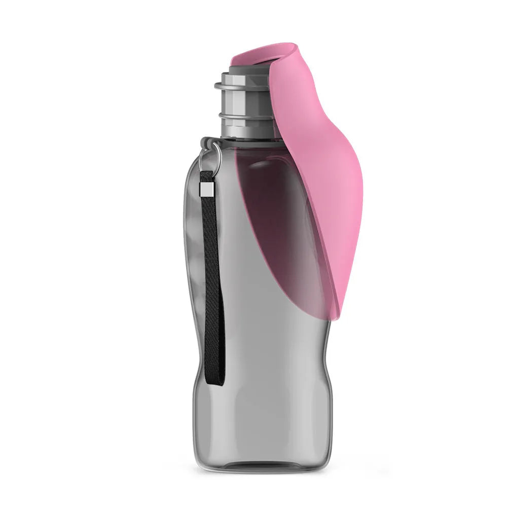 Blue grey portable dog water bottle with foldable drinking bowl extended, showing lock key.