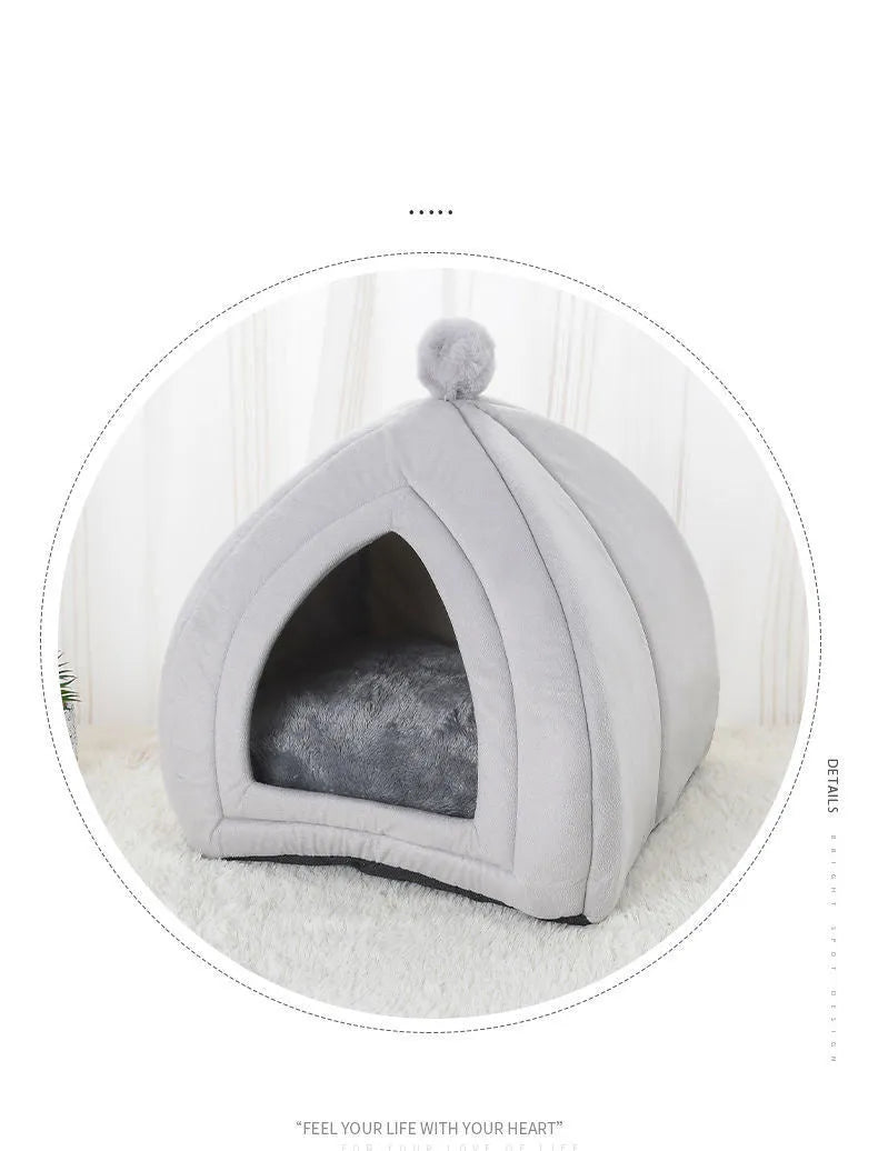 Gray soft plush tent cat bed with cushion for small dogs and cats, 47x47x53cm size